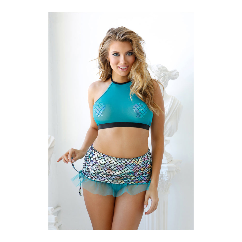 Fantasy Lingerie Beach Please Mermaid Costume Set Teal M/L showcasing a model in a teal halter top and ruched skirt.