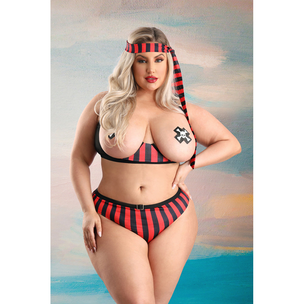 Fantasy Lingerie Treasured Pirate Costume Set 3X/4X Red displayed on a model showcasing its bold, swashbuckling style.