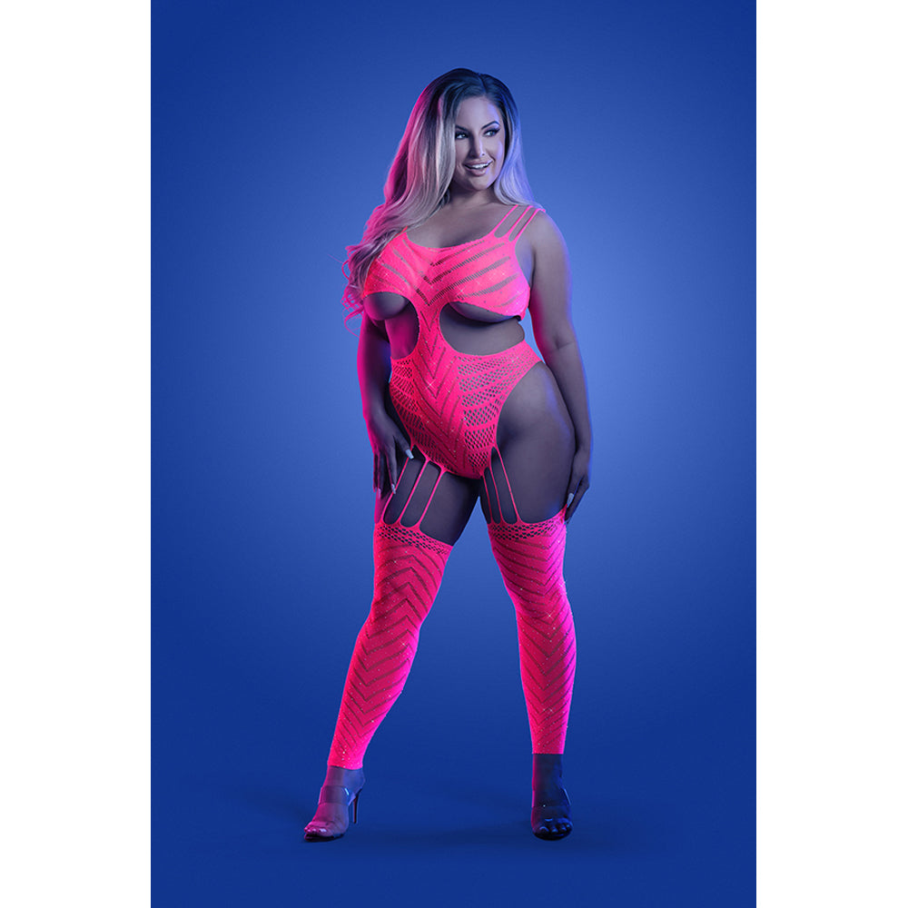 Wavelength Cutout Rhinestone Teddy Bodystocking Queen Size showcasing a vibrant pink bodystocking, designed for curvy figures.