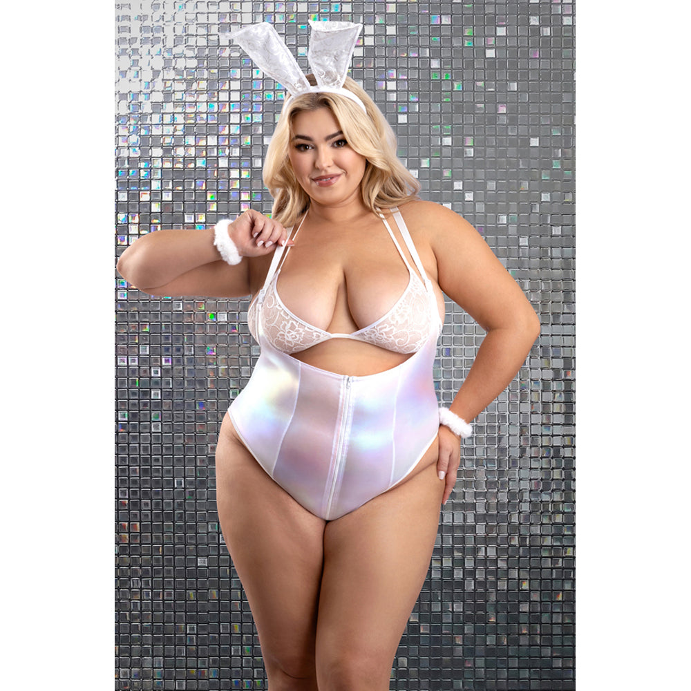 Bunny Hills 5 Piece Bunny Costume Set 3X/4X White featuring iridescent bodysuit and lace bunny ears.