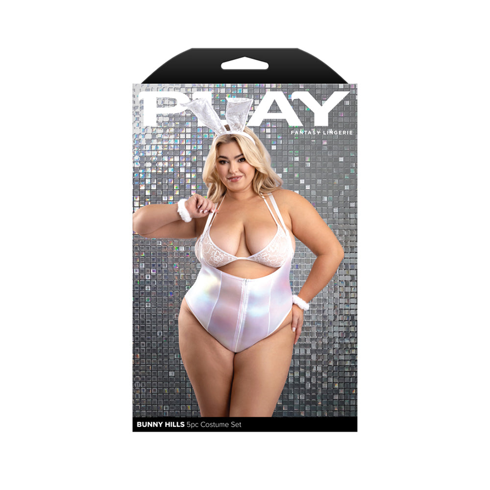 Bunny Hills 5 Piece Bunny Costume Set 3X/4X White packaging featuring a model wearing the iridescent bodysuit and accessories.