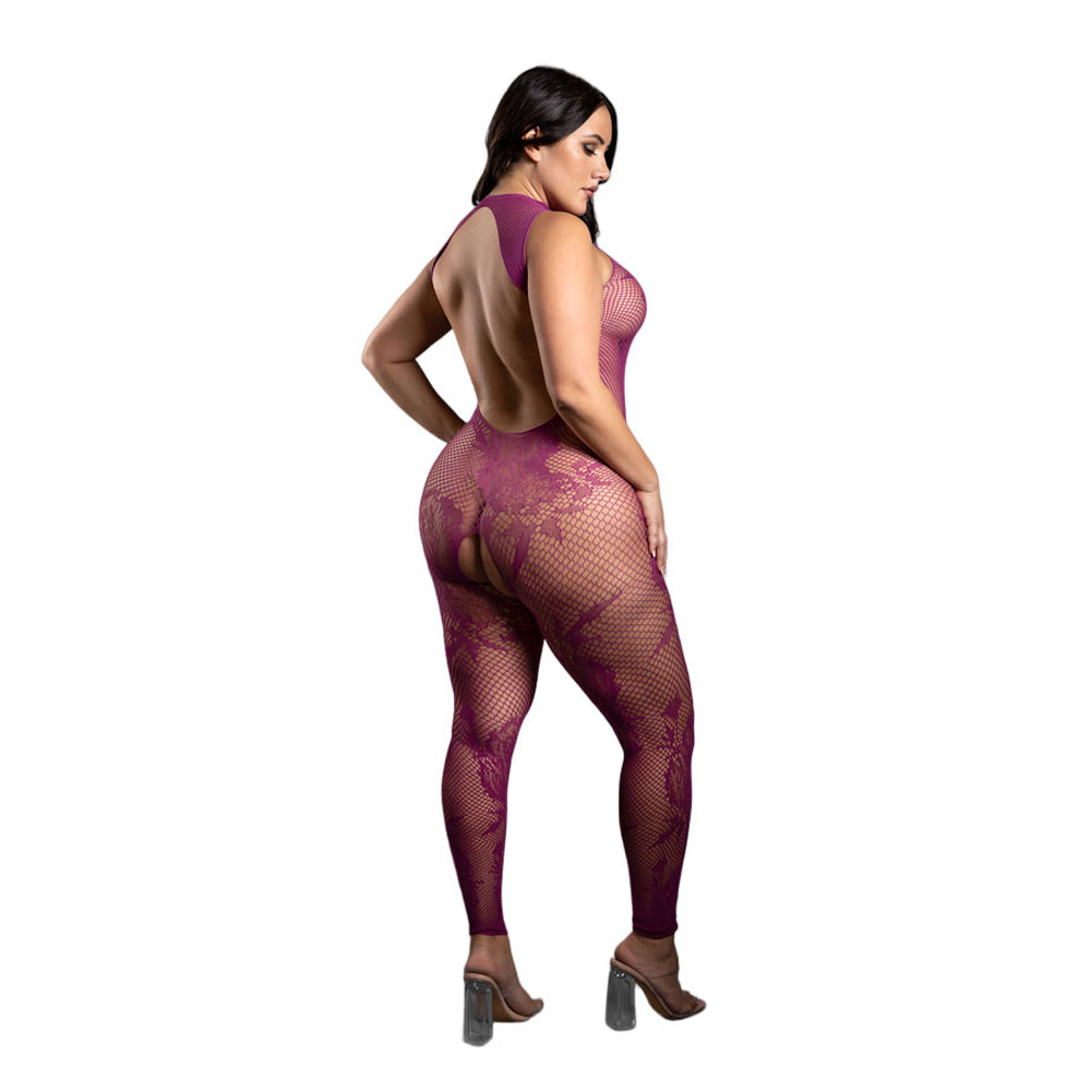 Endless Embrace Crotchless Bodystocking Queen Size showcased on a model in a sheer floral knit design.