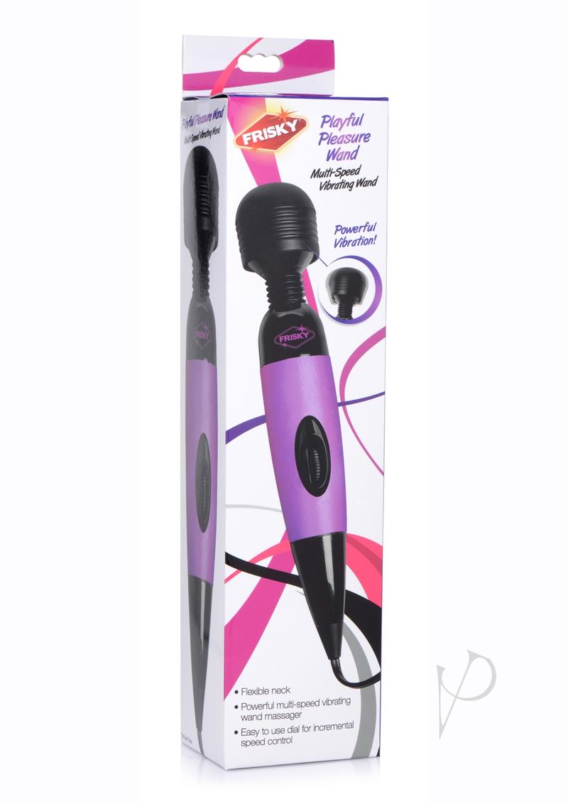 Frisky Playful Pleasure Plug In Wand Massager Purple packaging showcasing flexible neck and powerful vibration features.