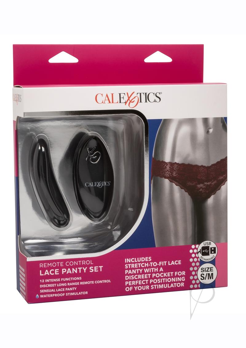 Lace Panty Vibe Set with Remote Control Small/Medium Red in packaging with stimulator and panty design visible.