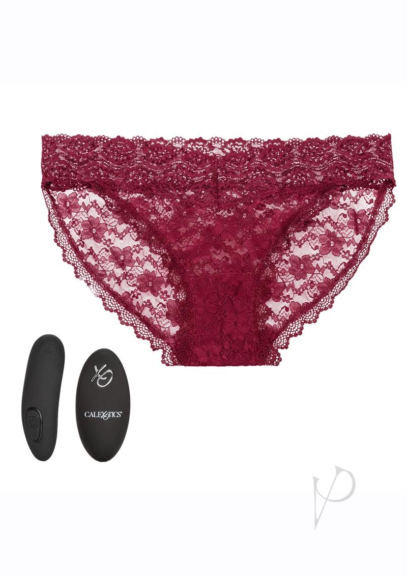 Lace Panty Vibe Set with Remote Control Small/Medium Red with silicone stimulator and remote.