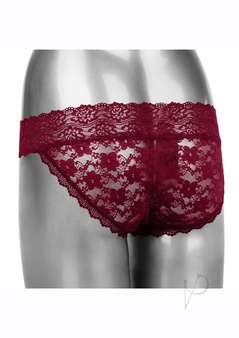 Lace Panty Vibe Set with Remote Control Small/Medium Red displayed on a mannequin in burgundy lace.
