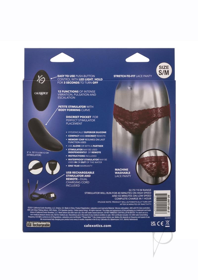 Lace Panty Vibe Set with Remote Control Small/Medium Red packaging description and features highlighted.