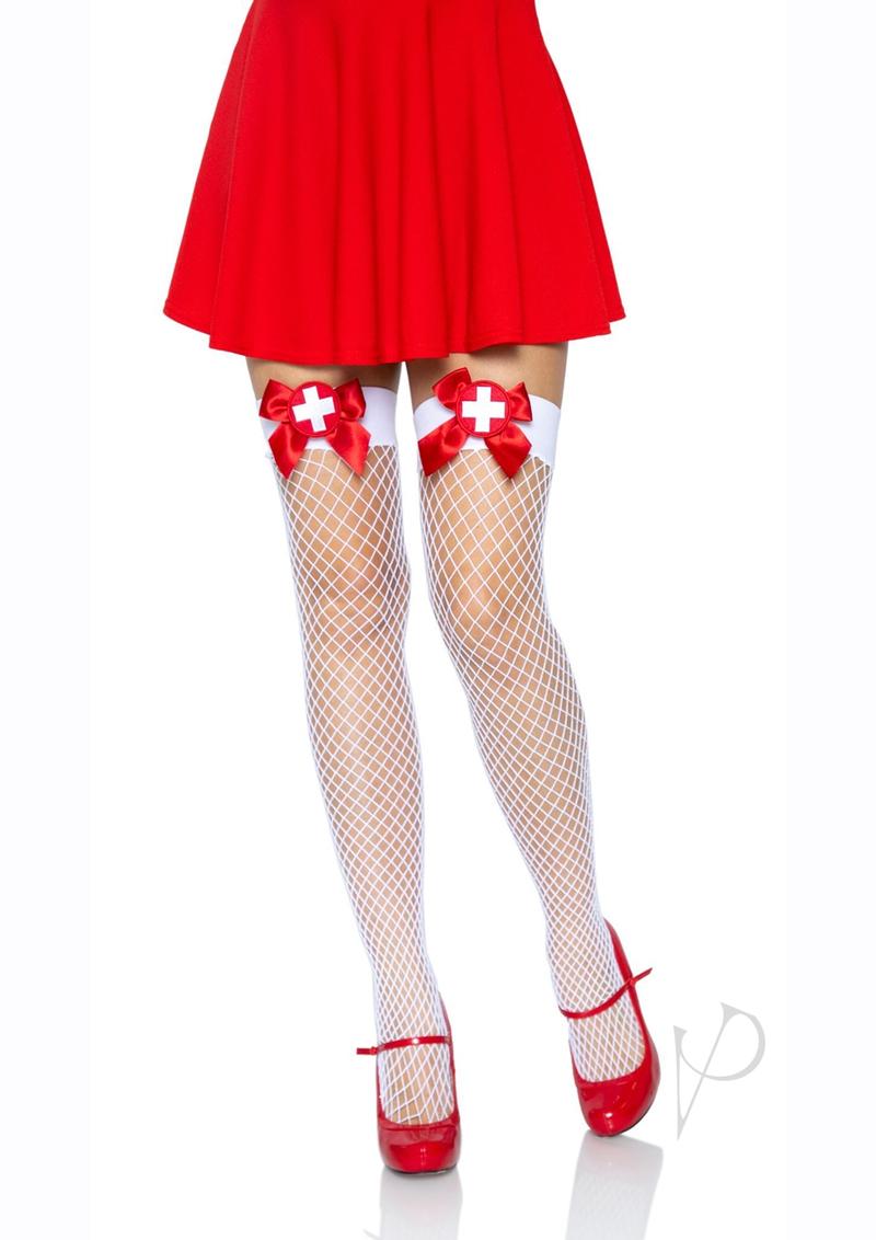 Leg Avenue Industrial Net Thigh High Stockings White and Red with red bows and nurse badge, perfect for costumes.