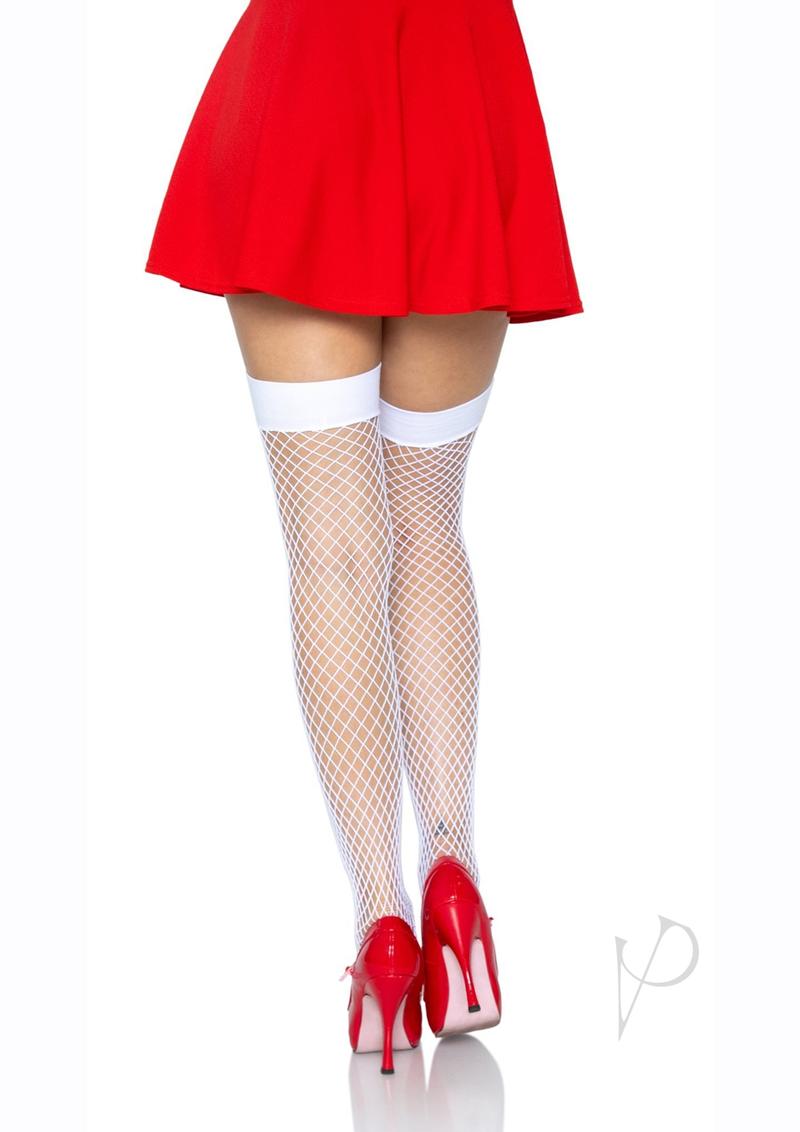 Leg Avenue Industrial Net Thigh High Stockings White and Red paired with a red skirt and high heels.