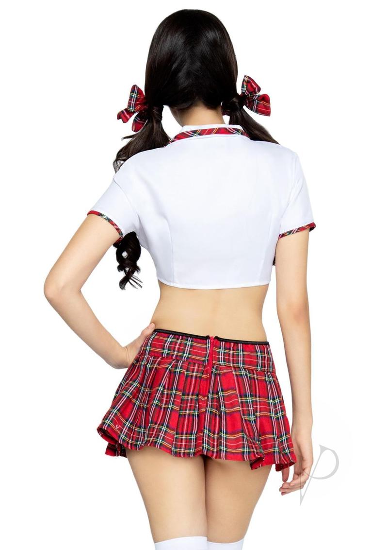 Back view of Leg Avenue Miss Prep School 4 Piece Costume S/M Red White showcasing cropped top and plaid skirt.