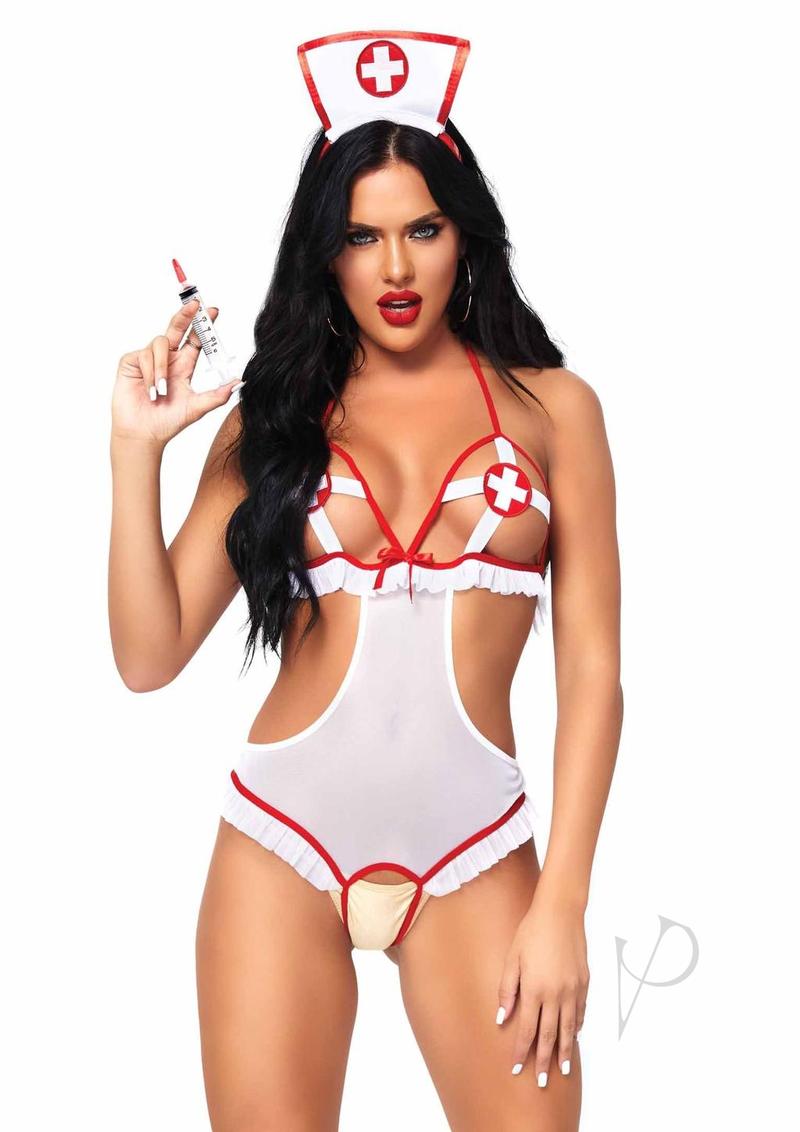 Leg Avenue Naughty Nurse 2 Piece Costume Set White Red with nurse hat, showing a sexy teddy and holding a syringe.