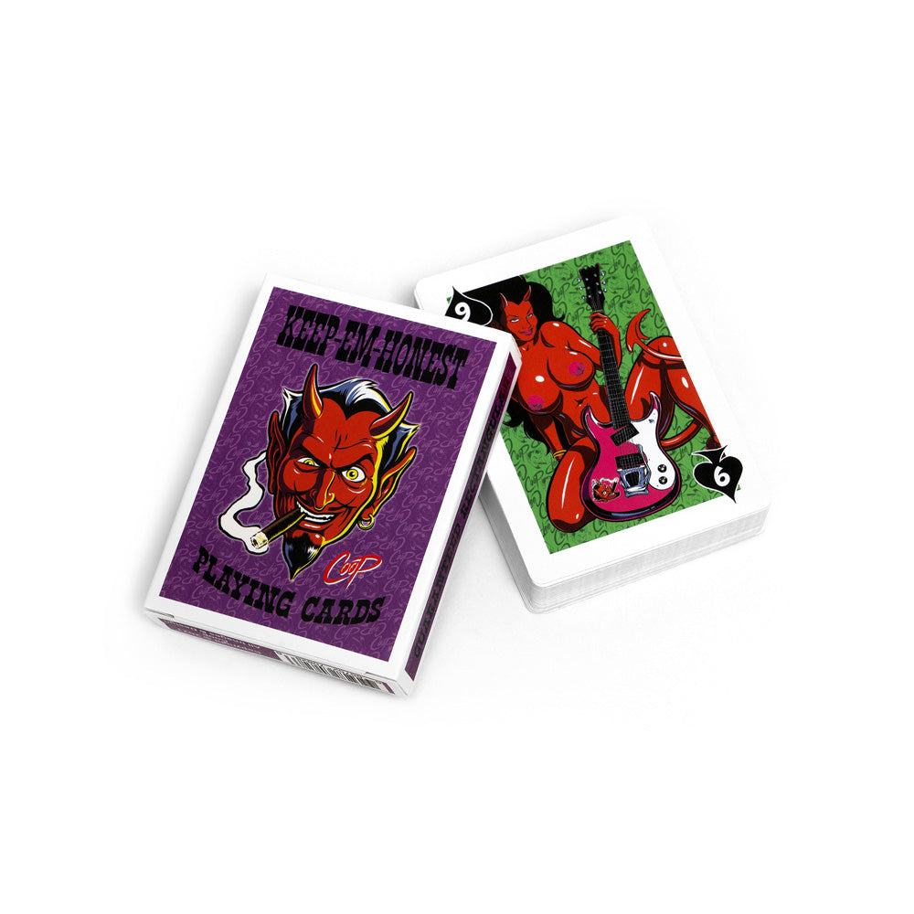 Coop's Keep-Em-Honest Playing Cards featuring vibrant artwork of mischievous characters and pinup style.