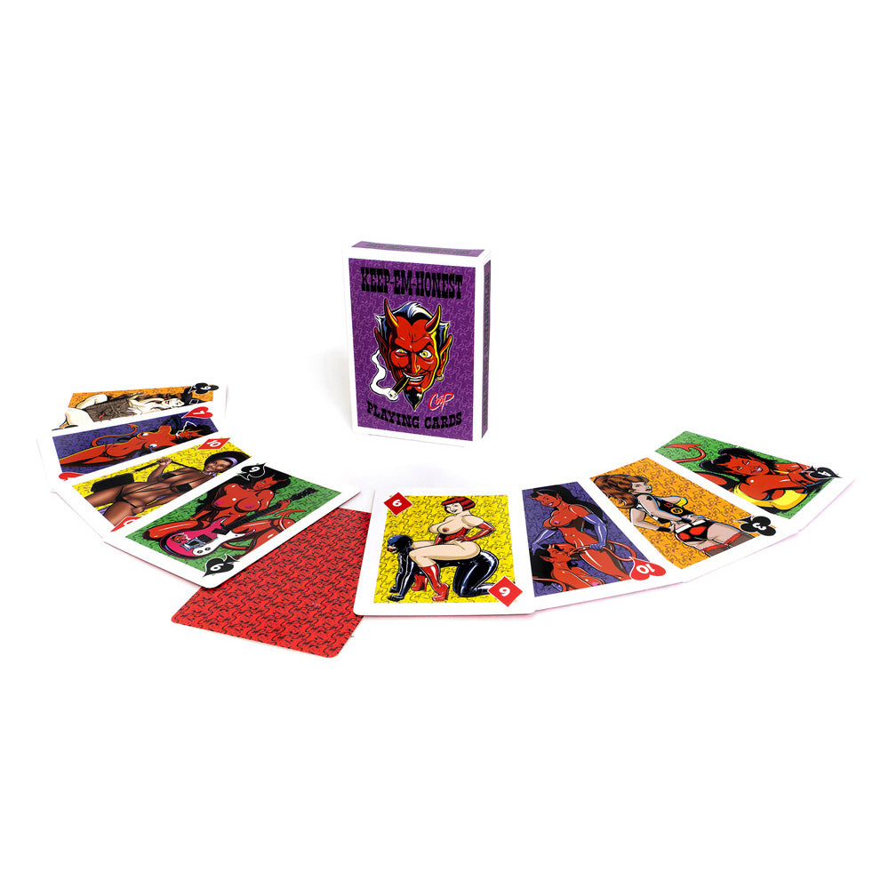 Coop's Keep-Em-Honest Playing Cards featuring colorful artwork and unique pinup designs, displayed fanned out with the deck.