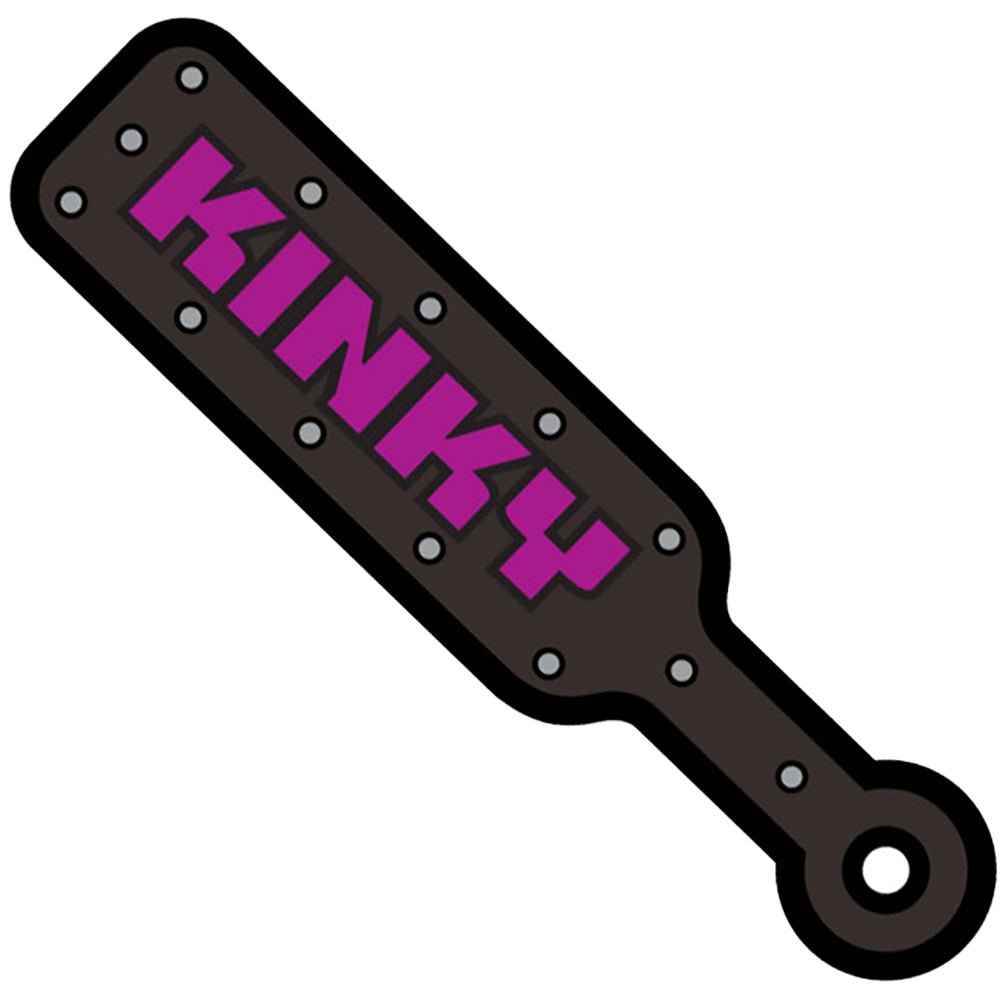 Wood Rocket Kinky Paddle Enamel Lapel Pin Black and Gold featuring a playful paddle design with 'Kinky' text.