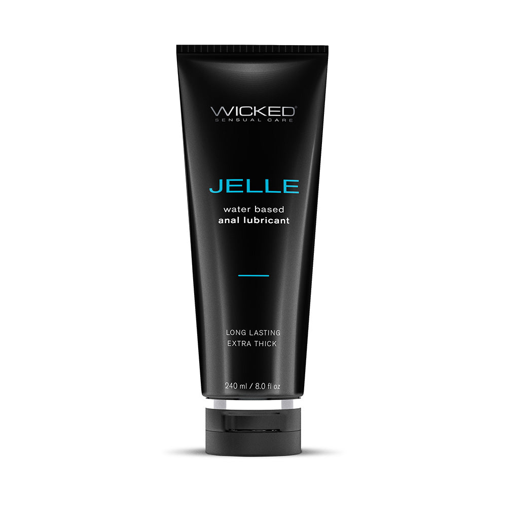 Wicked Jelle Water-Based Anal Lubricant 8 Oz tube featuring long-lasting and extra thick formula for comfortable intimacy.