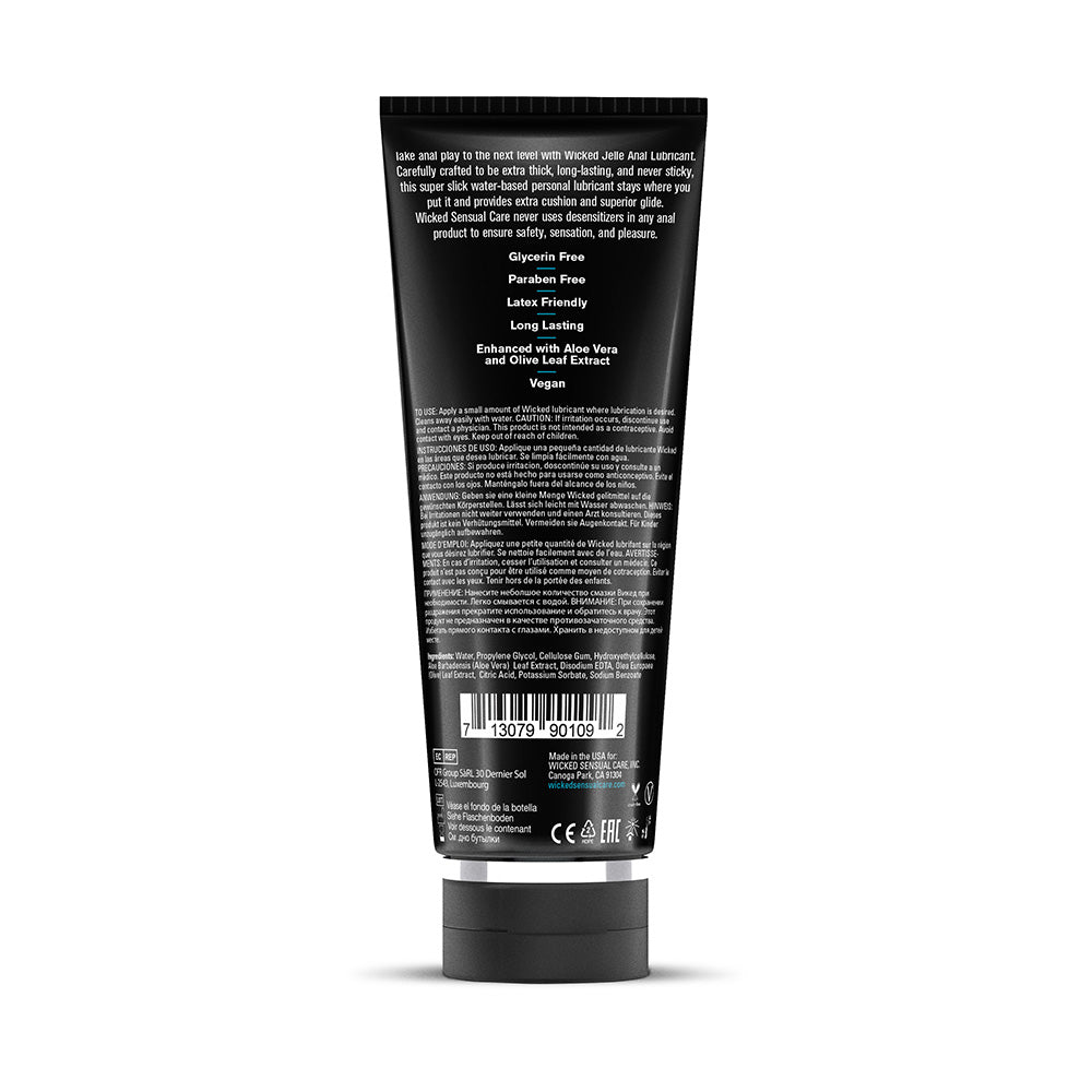 Wicked Jelle Water-Based Anal Lubricant 8 Oz bottle back view showing specifications and ingredients.