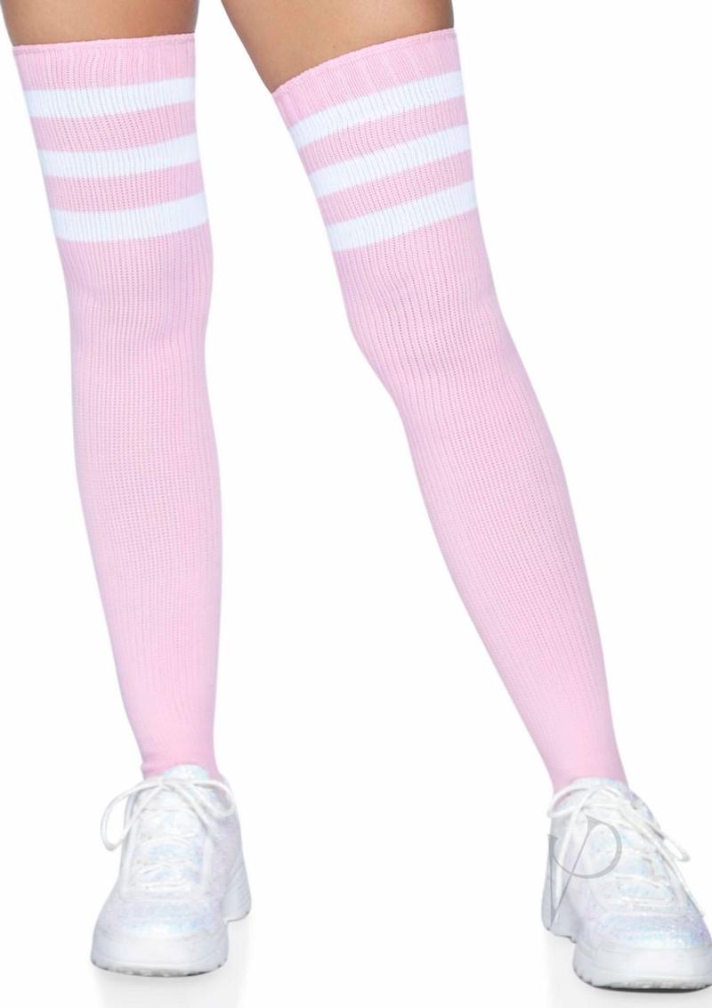 Leg Avenue Athlete Thigh High 3 Stripe Top Light Pink showcasing soft ribbed knit and sporty three-stripe design.