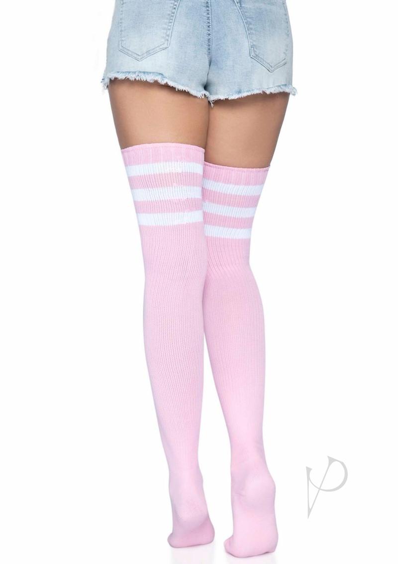 Leg Avenue Athlete Thigh High 3 Stripe Top Light Pink worn with denim shorts, showcasing sporty retro style.