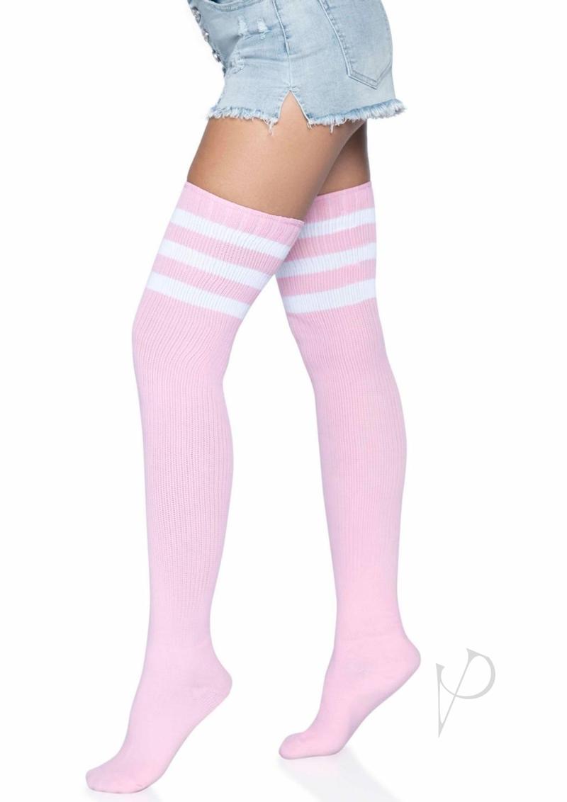 Leg Avenue Athlete Thigh High 3 Stripe Top Light Pink worn with a denim skirt, showcasing sporty retro fashion.
