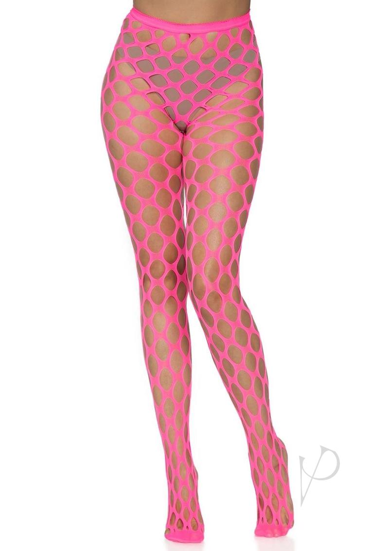 Leg Avenue Jumbo Pothole Net Tights One Size Neon Pink showcasing oversized open net design in vibrant pink.