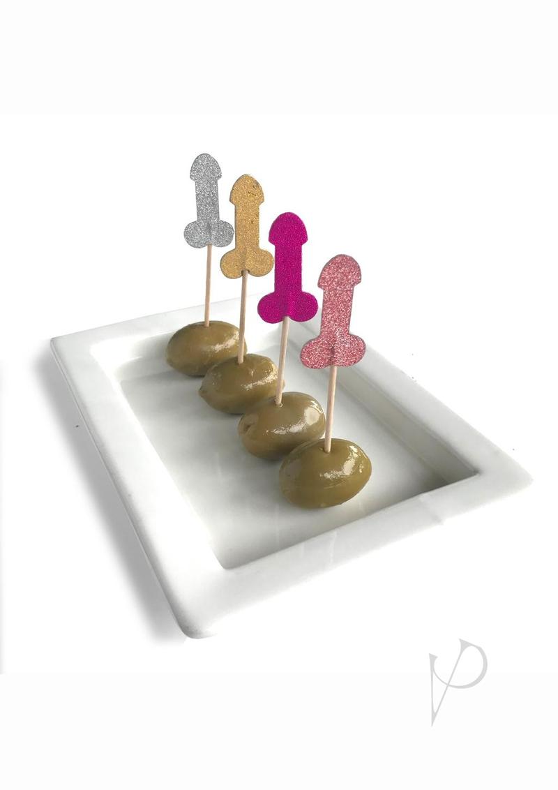 Glitterati Penis Party Picks 24 Pack Assorted Colors in silver, gold, pink, and purple on olive platter.