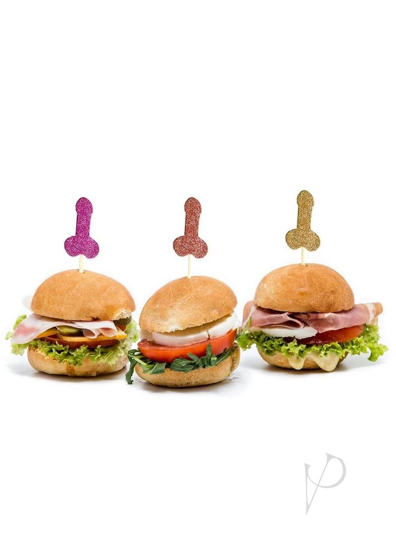 Glitterati Penis Party Picks 24 Pack Assorted Colors used to decorate fun party sliders.