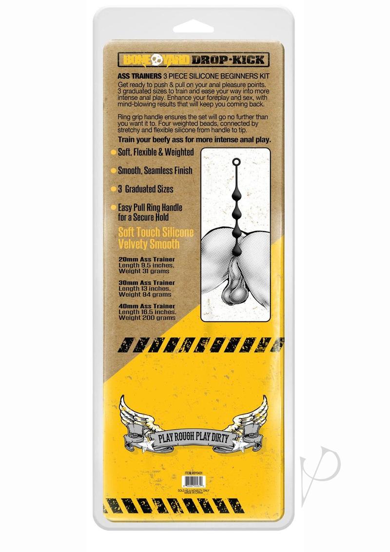 Boneyard Drop-Kick Silicone 3 Piece Ass Trainer Set Black packaging showing features and sizes of trainers.
