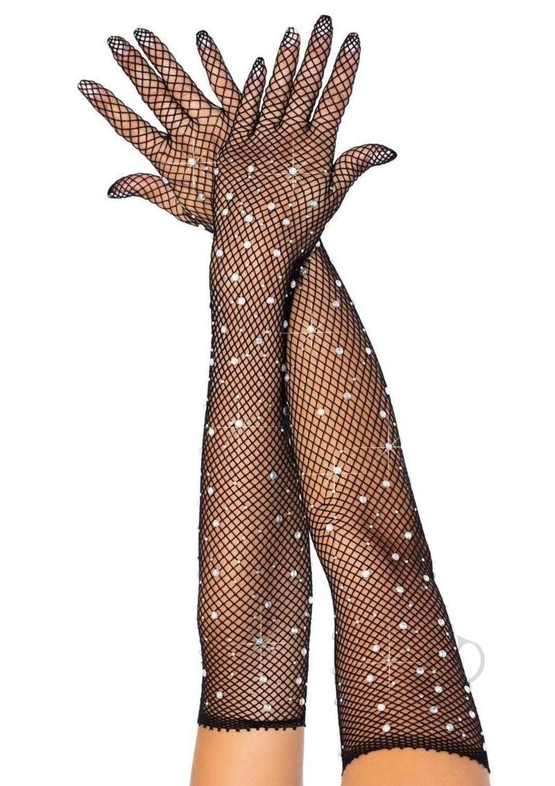 Leg Avenue Rhinestone Fishnet Opera Length Gloves Black showcased on hands, featuring a glamorous fishnet design and sparkling rhinestones.