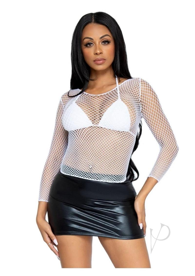 Leg Avenue Spandex Long Sleeved Industrial Net Shirt White worn over a bikini top and paired with a black skirt.
