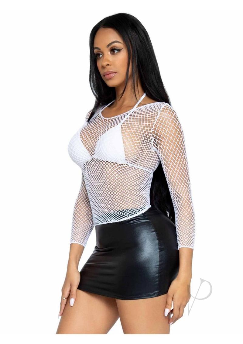 Leg Avenue Spandex Long Sleeved Industrial Net Shirt White showcased over a black skirt, perfect for a night out.