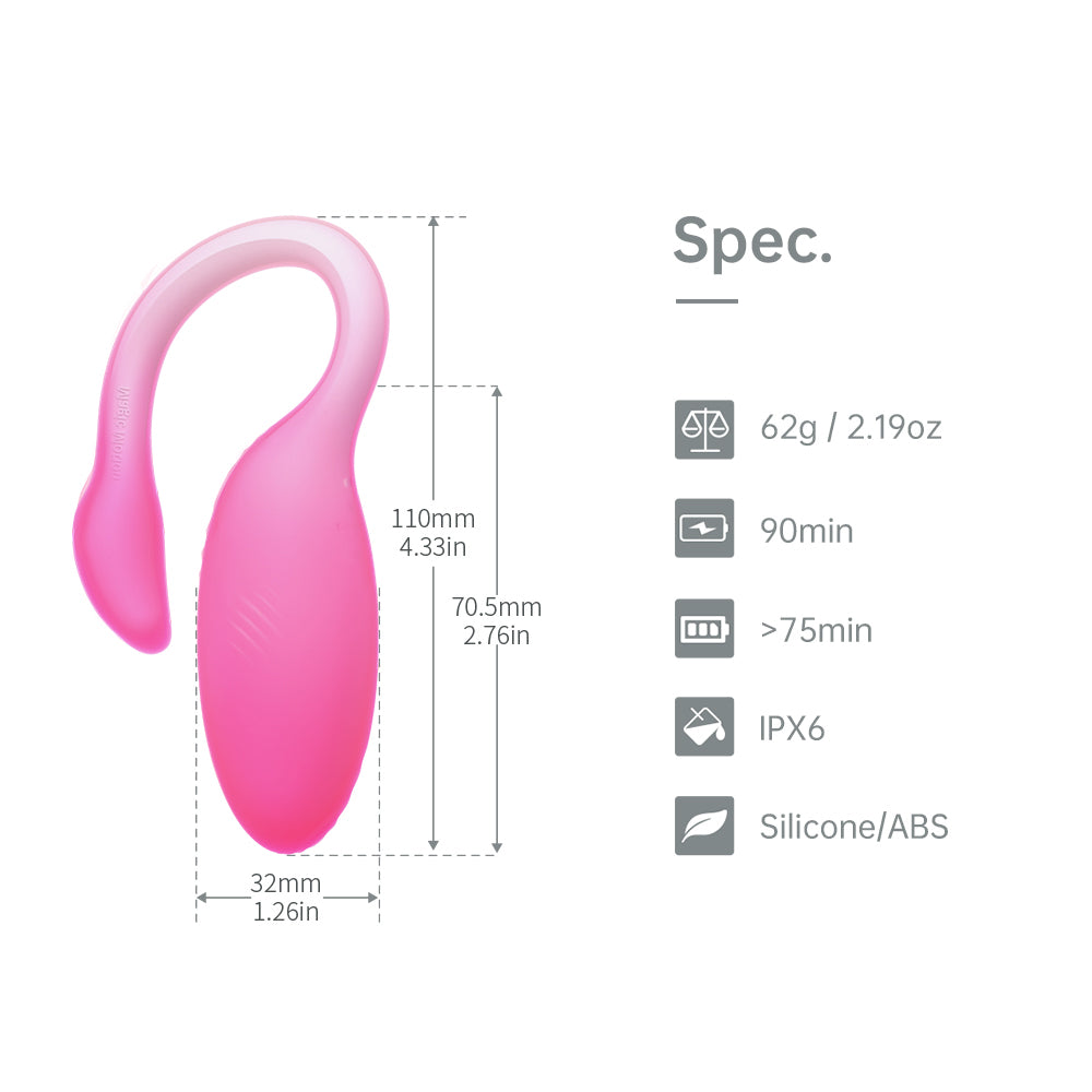 Magic Motion Flamingo Max Pink wearable vibrator specifications image including dimensions and materials.