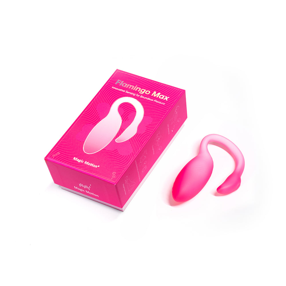 Magic Motion Flamingo Max Pink wearable vibrator and interactive Kegel trainer in a vibrant pink box.