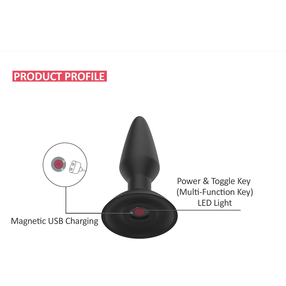 Magic Equinox App Controlled Vibrating Butt Plug with power toggle key and magnetic USB charging features.