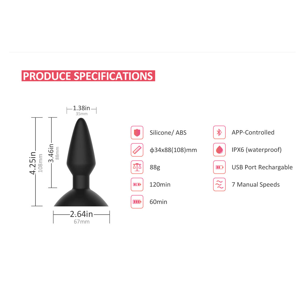 Magic Equinox App Controlled Vibrating Butt Plug specifications including size, weight, material, and features.