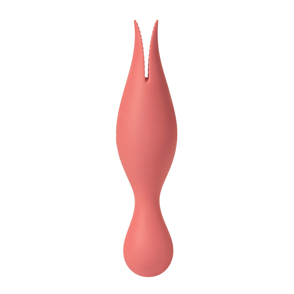 Svakom Siren Dual Ended Clitoral Vibrator Coral featuring unique double-tongued tip and soft rounded vibrating head.