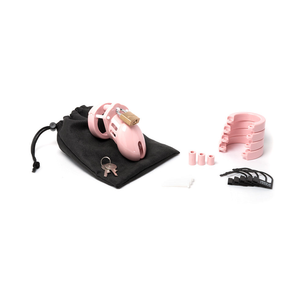 CB-6000S Pink Male Chastity Cage set with lock, pouch, and customizable rings