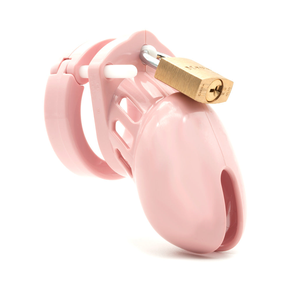 CB-6000S Pink Male Chastity Cage displayed with a secure lock for enhanced containment and comfort.