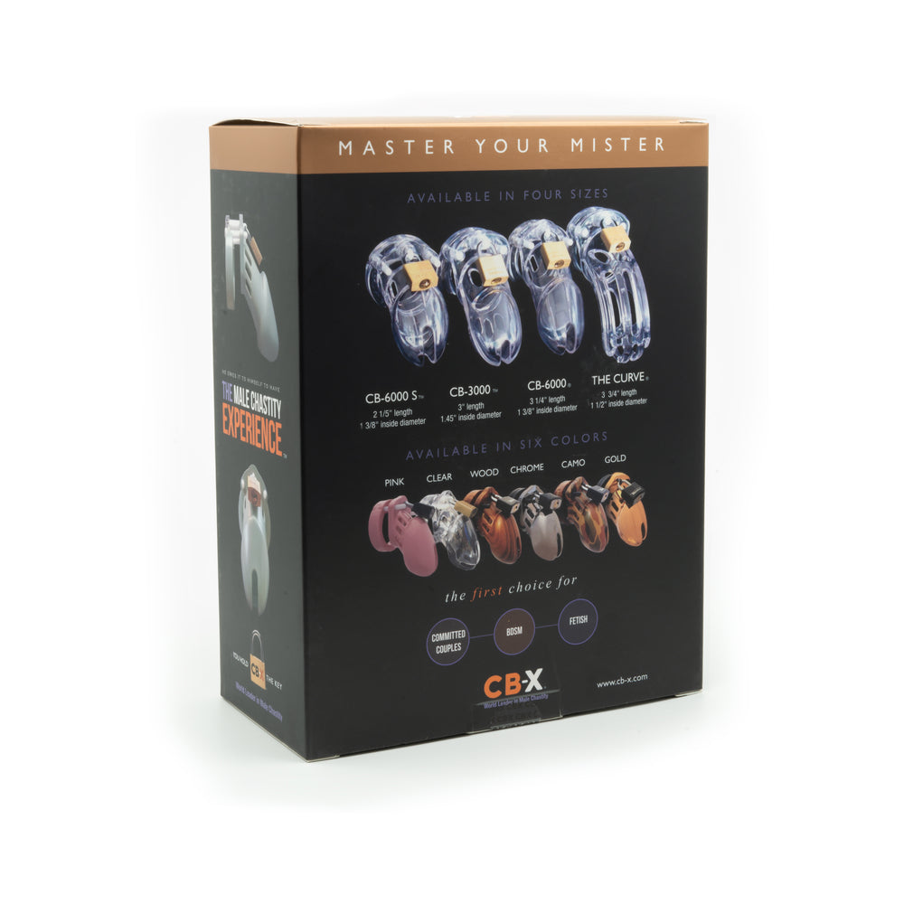 CB-6000S Pink Male Chastity Cage packaging showcasing sizes and color options.