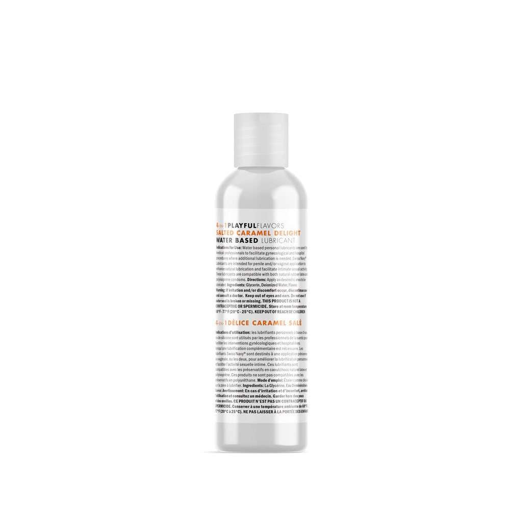 Swiss Navy 4-in-1 Salted Caramel Delight Flavored Lube 1 Oz bottle with playful flavors water based lubricant.
