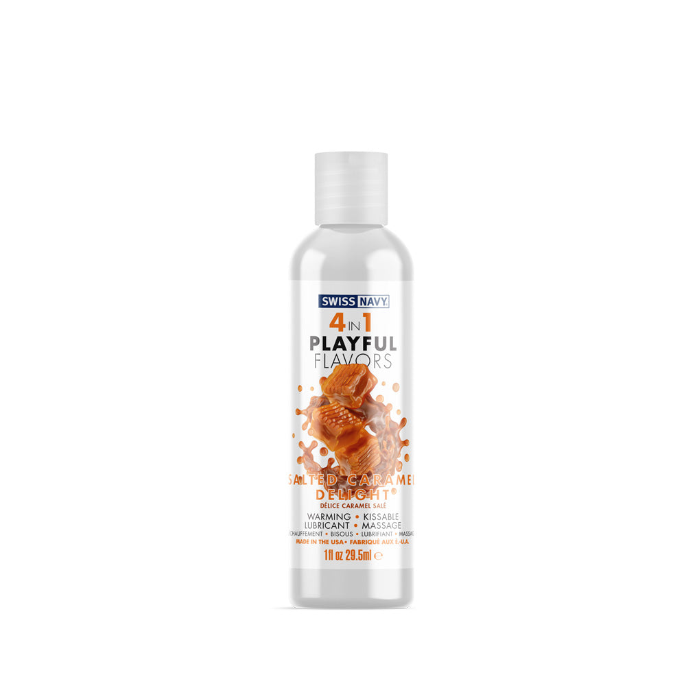 Swiss Navy 4-in-1 Salted Caramel Delight Flavored Lube 1 Oz bottle showcasing playful flavors and enticing design.