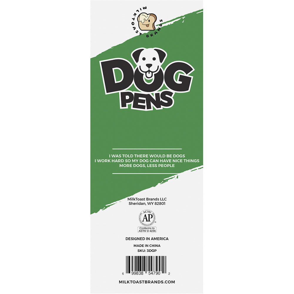 Wood Rocket Dog People Novelty Pens 3 Pack packaging featuring humorous dog-themed quotes.