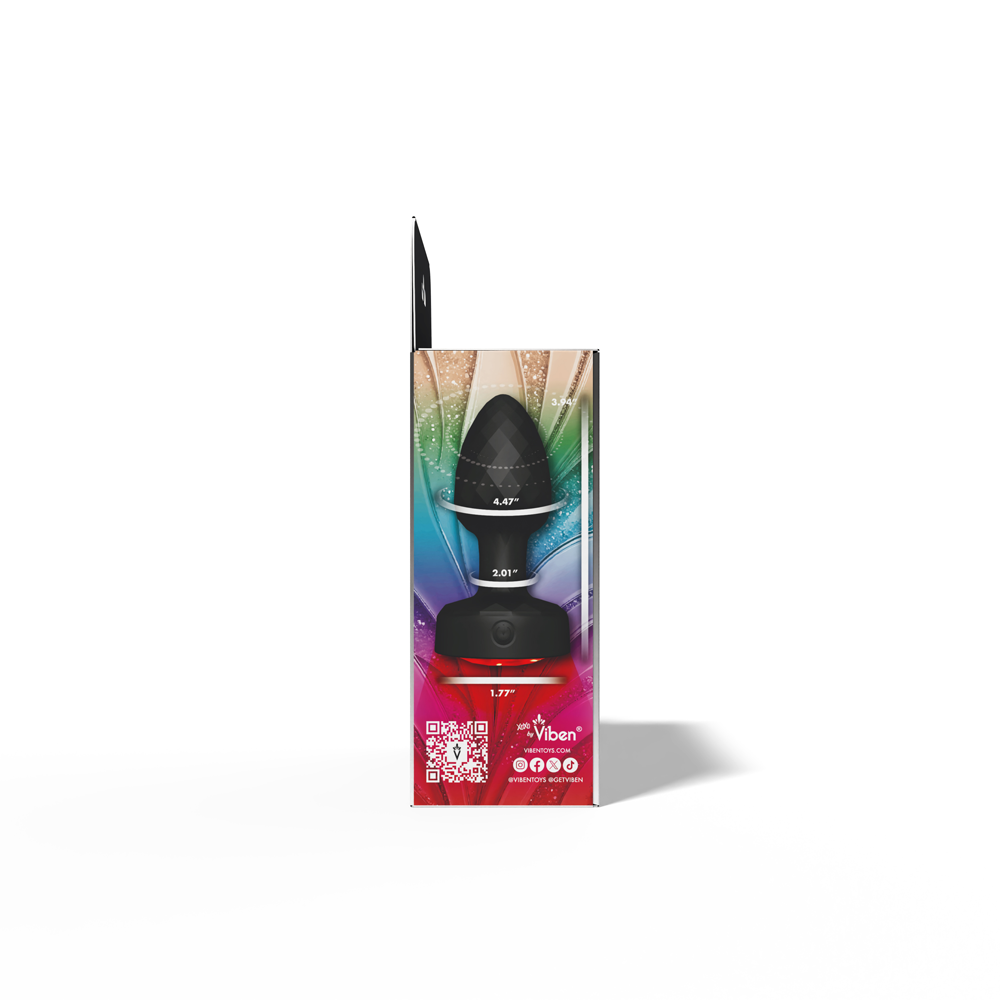 Viben Twila Light Up Rotating Vibrating Anal Plug packaging showcasing features and dimensions.