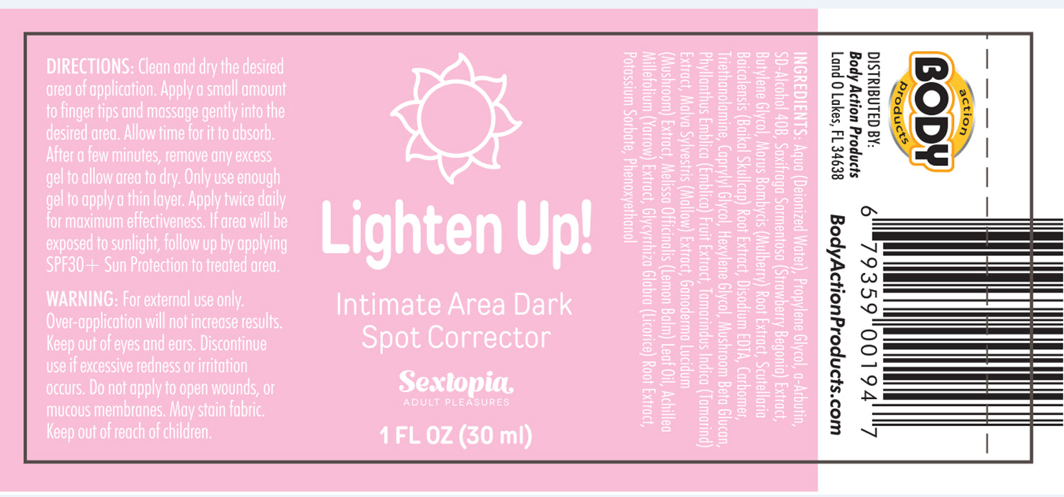 Lighten Up Dark Spot Corrector 1 Oz label featuring directions and warnings for skin care.