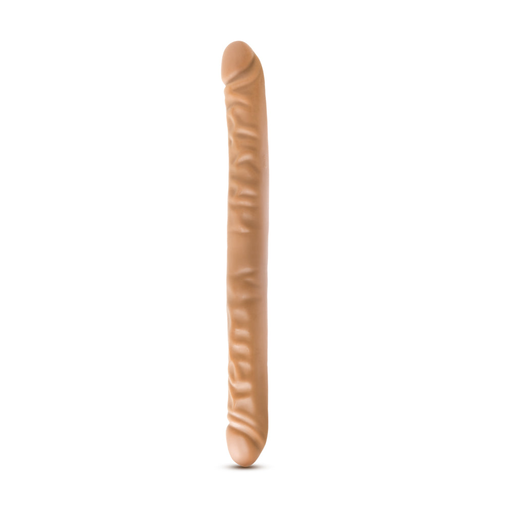 Dr Skin 18 inches Double Dildo Tan displayed on a white background highlighting its realistic design and extended length.