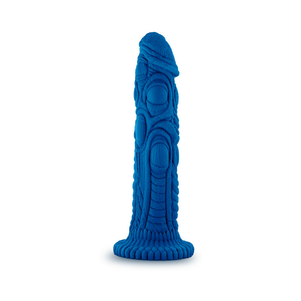 The Realm Draken 7.5 inch Silicone Lock On Fantasy Dildo Blue displayed from the side showing dragon-skin texture.
