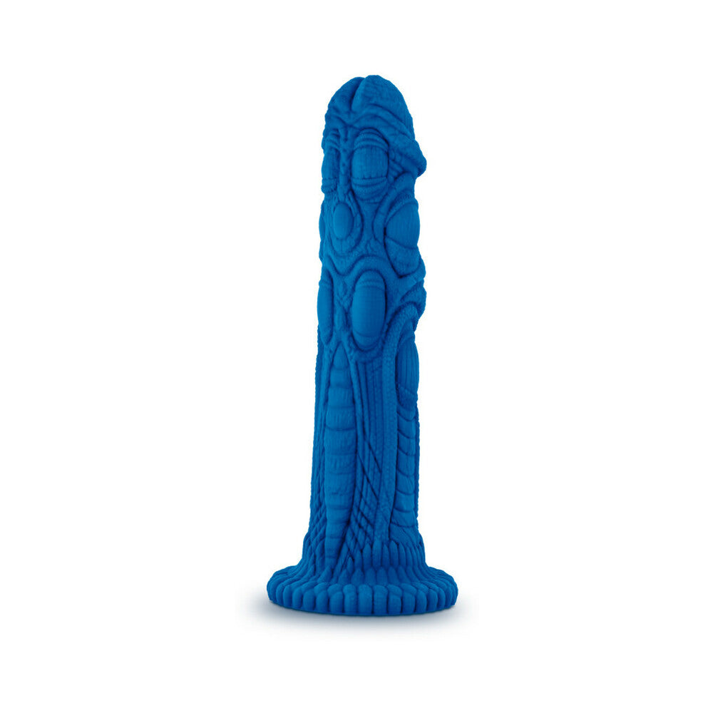 The Realm Draken 7.5 inch Silicone Lock On Fantasy Dildo Blue standing upright with detailed dragon-skin texture.