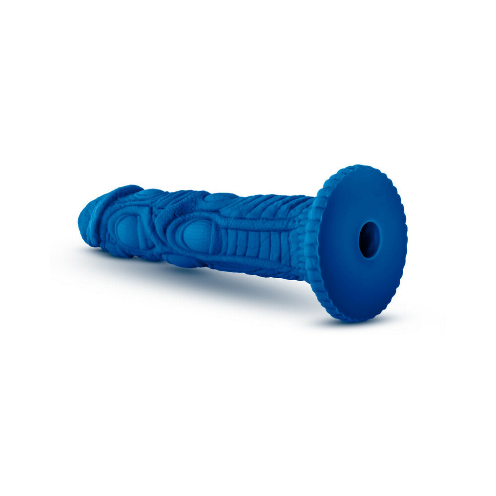 The Realm Draken 7.5 inch Silicone Lock On Fantasy Dildo Blue showcasing dragon-skin texture in vibrant blue color.