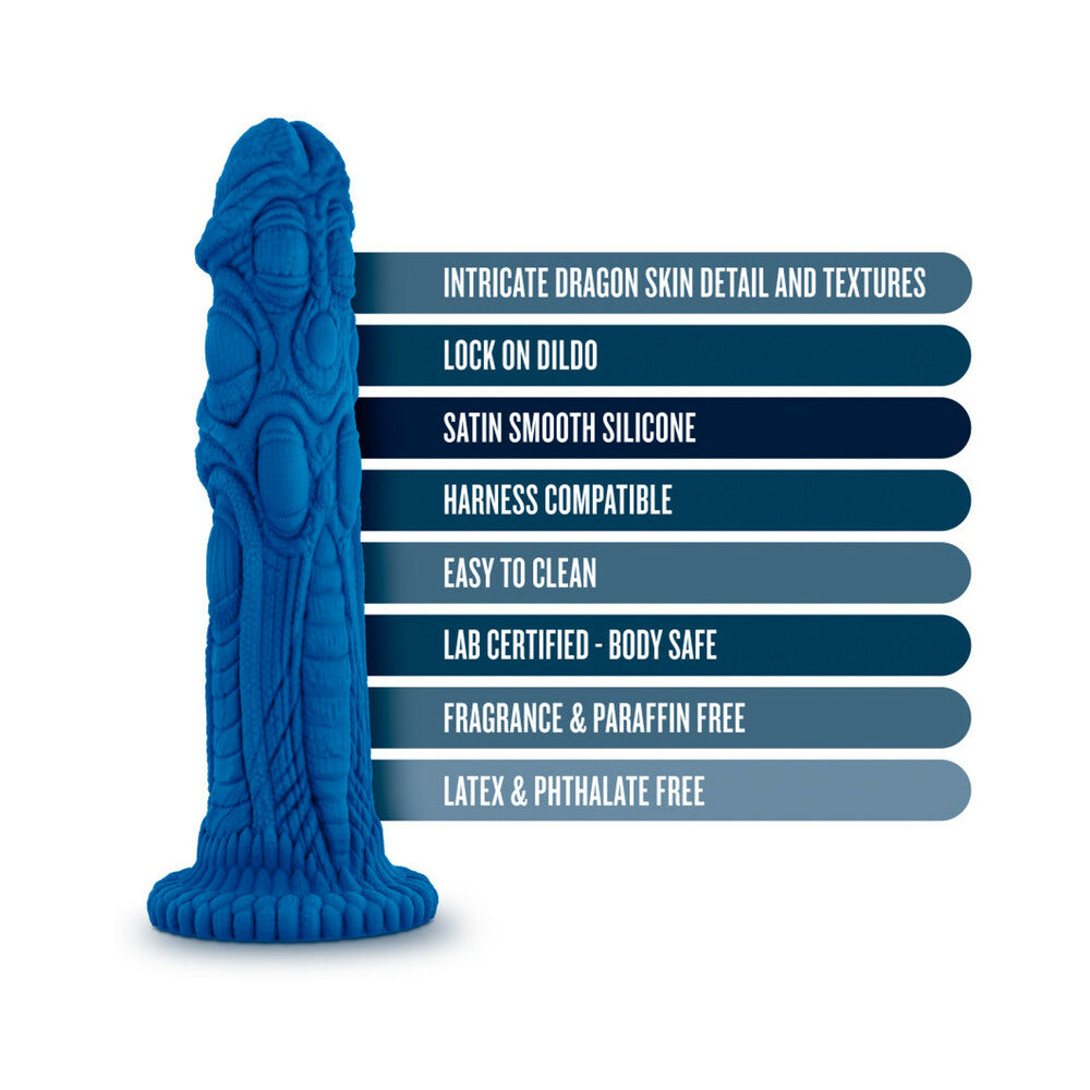 The Realm Draken 7.5 inch Silicone Lock On Fantasy Dildo Blue showcasing intricate dragon skin detail and textures.