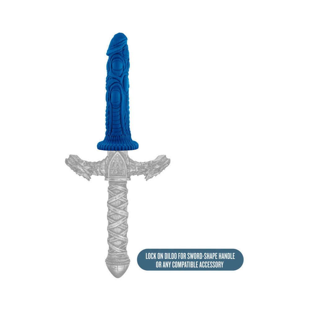The Realm Draken 7.5 inch Silicone Lock On Fantasy Dildo Blue on a sword-shaped handle accessory.