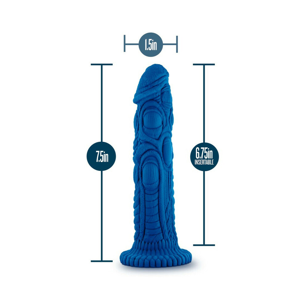 The Realm Draken 7.5 inch Silicone Lock On Fantasy Dildo Blue with dragon-skin texture and dimensions displayed.